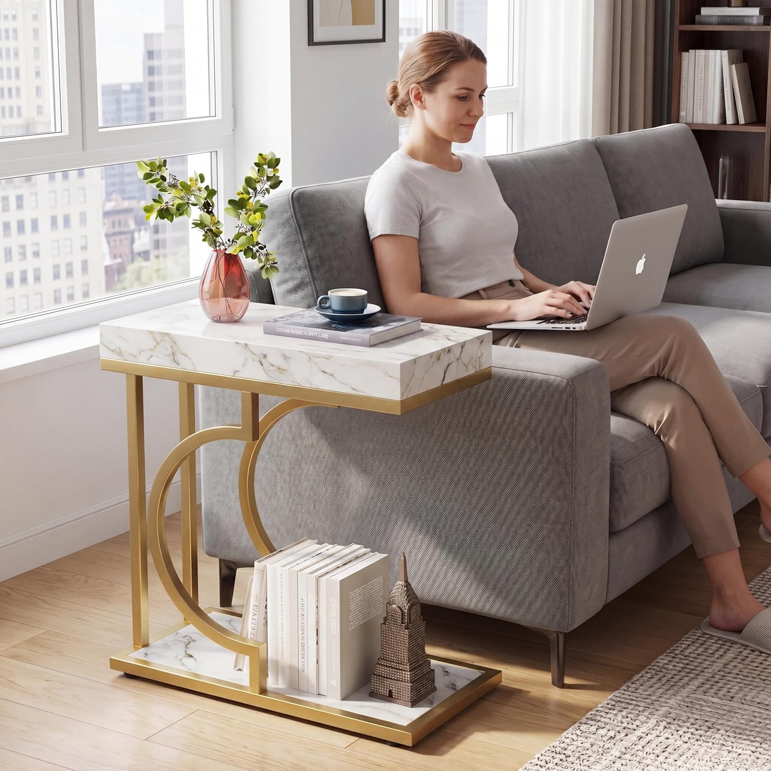 Tribesigns C Shaped Side Table for Coach Modern Narrow End Table with Metal Frame,Sofa Table Bedside Table for Living Room Bedroom (White&Gold)