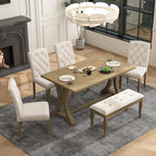 Mirightone Farmhouse Dining Table Set for 6, Dining Table with Bench and Chairs, 6 Piece Kitchen Table Set Solid Wood Dining Room Set with Trestle Table Legs (Natural Wood Wash)