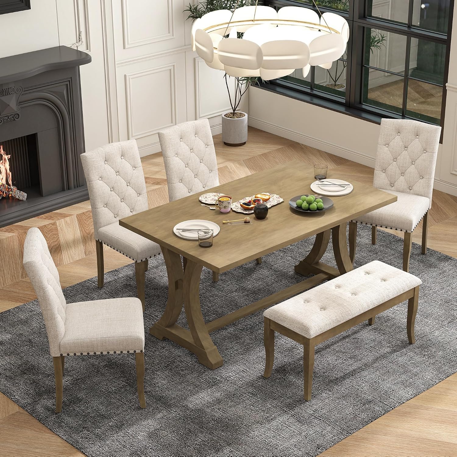 Mirightone Farmhouse Dining Table Set for 6, Dining Table with Bench and Chairs, 6 Piece Kitchen Table Set Solid Wood Dining Room Set with Trestle Table Legs (Natural Wood Wash)