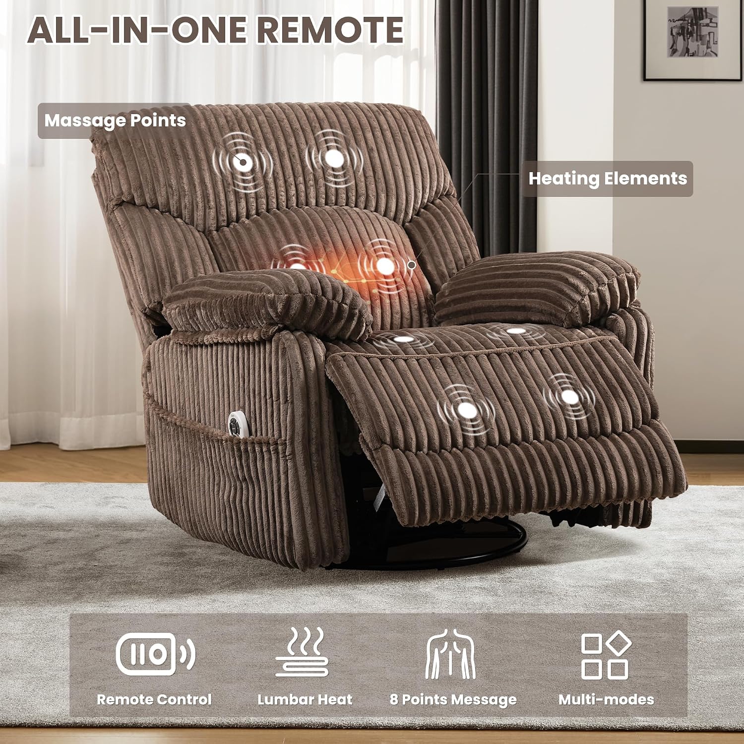 GRAINELL Swivel Rocker Recliner Chair with Massage and Heat, USB Charging Port, Infinite Position Power Recliner, Electric Glider Rocking Chairs for Living Room, Nursery, Brown