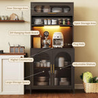 BECHEAO 5 Tier Metal Kitchen Pantry Storage Cabinet with LED Sensor Light, 66" Tall Food Pantry Cabinet, DIY Pegboard, Adjustable Shelves, Microwave Stand & Coffee Bar with Storage for Kitchen, Black