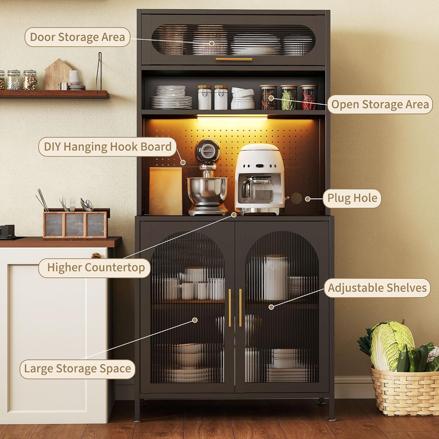 BECHEAO 5 Tier Metal Kitchen Pantry Storage Cabinet with LED Sensor Light, 66" Tall Food Pantry Cabinet, DIY Pegboard, Adjustable Shelves, Microwave Stand & Coffee Bar with Storage for Kitchen, Black