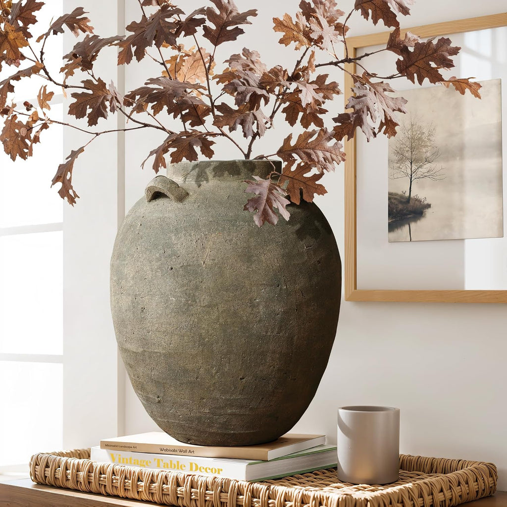 LuxenHome Rustic Ceramic Flower Vase,15 Inch Tall Brown Terracotta Cauldron Vase for Living Room Decor，Large Floor Vase Home Décor Accents,Round Vintage Pottery Vases Home Decor