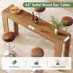 63-Inch Solid Wood Bar Table, Narrow Long Counter Height Pub Dining Table, Farmhouse Rectangular Home Coffee Bar Units for Kitchen, Dining Room, Living Room, Bistro, Brown