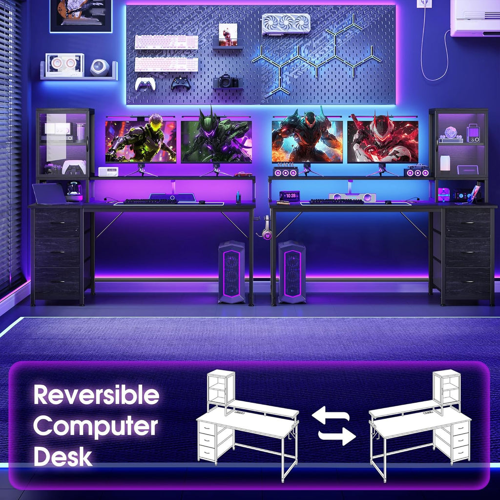 DurayLoly 47" Gaming Desk with Hutch and Cabinet to Display, Gaming Table with 3 Drawers for Small Space Storage, 2 AC Power Outlets and RGB Light, Monitor Stand for Student Bedroom