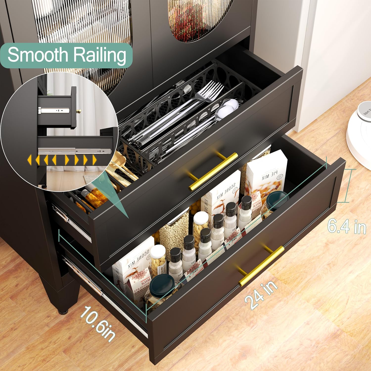 winiowa 61" Tall Kitchen Pantry Storage Cabinet, Black Metal Storage Cabinet with Adjustable Shelves & Glass Doors & Drawers, Food Pantry Cabinets for Kitchen, Bathroom, Dinning Room, Living Room