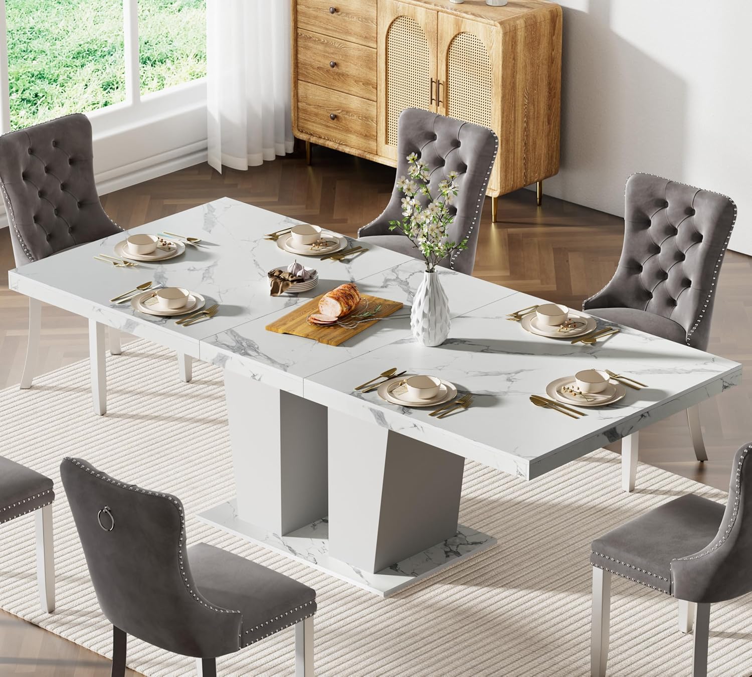 78.74" Extendable Dining Table for 6 8 10 Person, Modern White Faux Marble Expandable Kitchen Table with Dual Column Pedestal, Large Rectangle Wooden Expanding Table for Kitchen Dining Conference Room