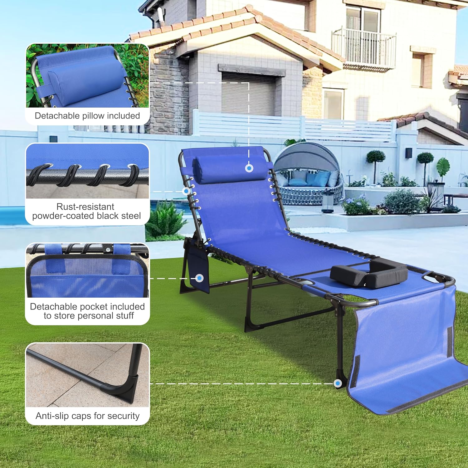 Outdoor Chaise Lounge Chair with Face Hole and Arm Hole, Tanning Chair with 5 Position Adjustable Back, Foldable Lounge Chair with Detachable Pocket and Pillow for Beach, Pool, Blue