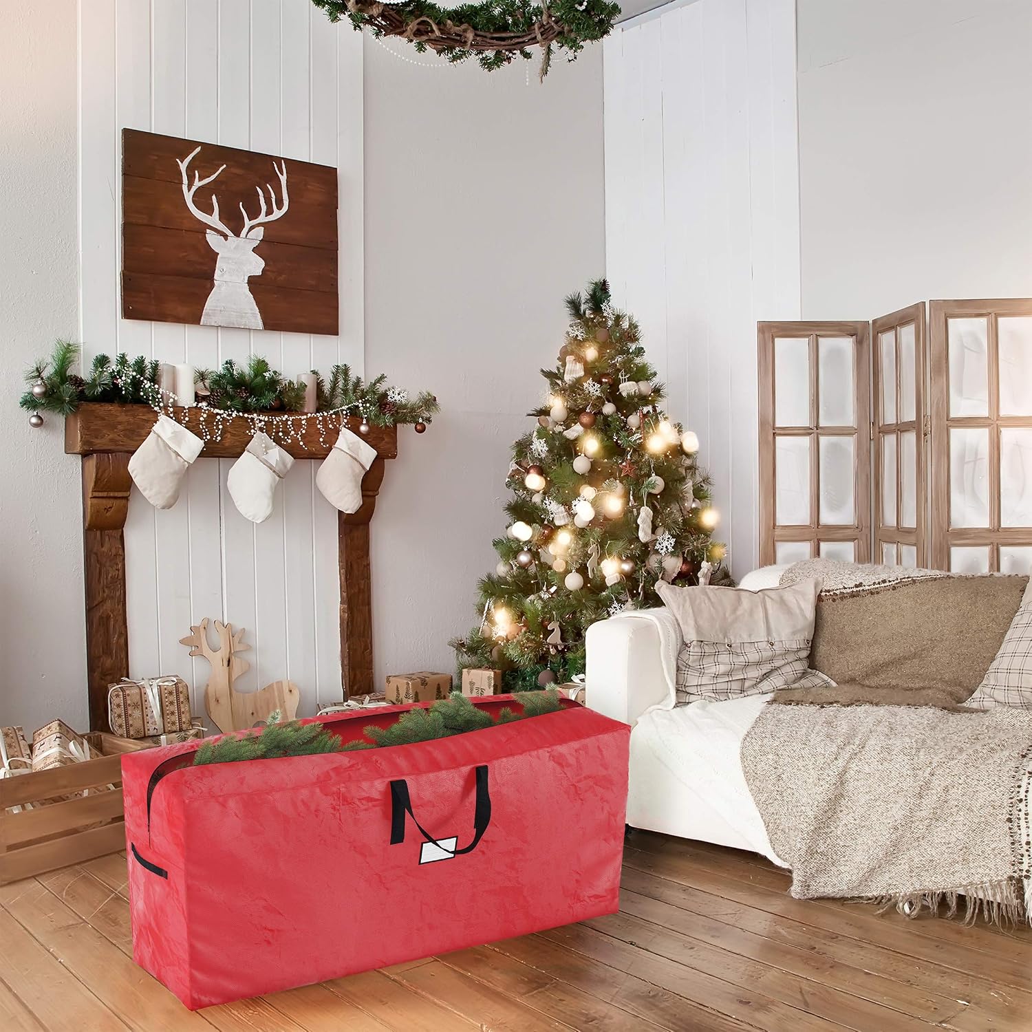 Set of 2 Christmas Tree Storage Bags - Fits 9-Foot Artificial Tree Each - Protect Holiday Decorations from Moisture and Damage by Elf Stor (Red)