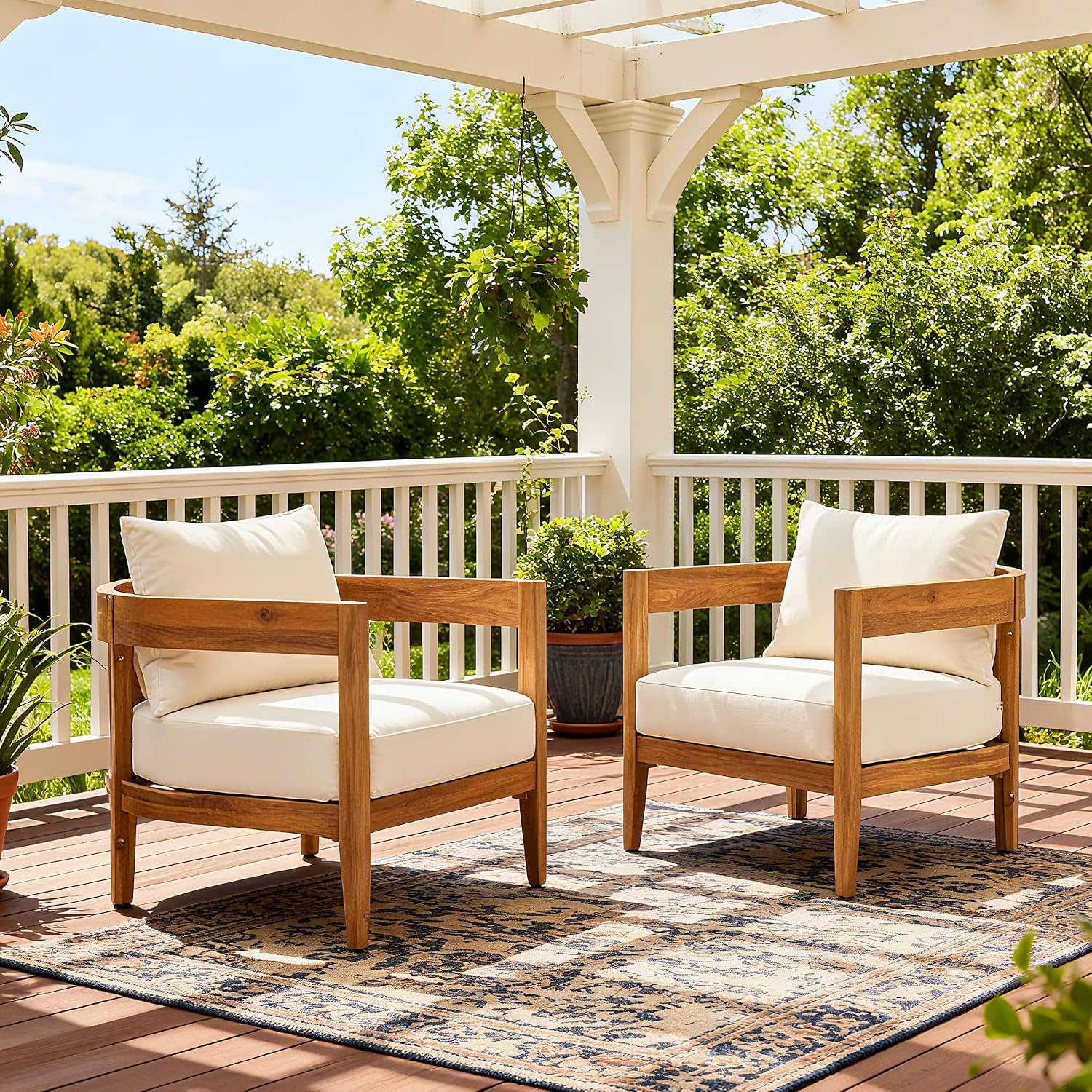 Merax Set of 2 Outdoor Acacia Wood Frame 2pcs Chairs with Cushions for Patio,Garden