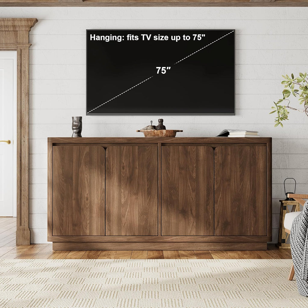 knoworld 63" Buffet Cabinet with Storage & Power Outlet, Fluted Sideboard Credenza with Double-Arc Doors, Mid-Century Modern Coffee Bar Cabinet Console Table for Dining Room, Living Room, Walnut
