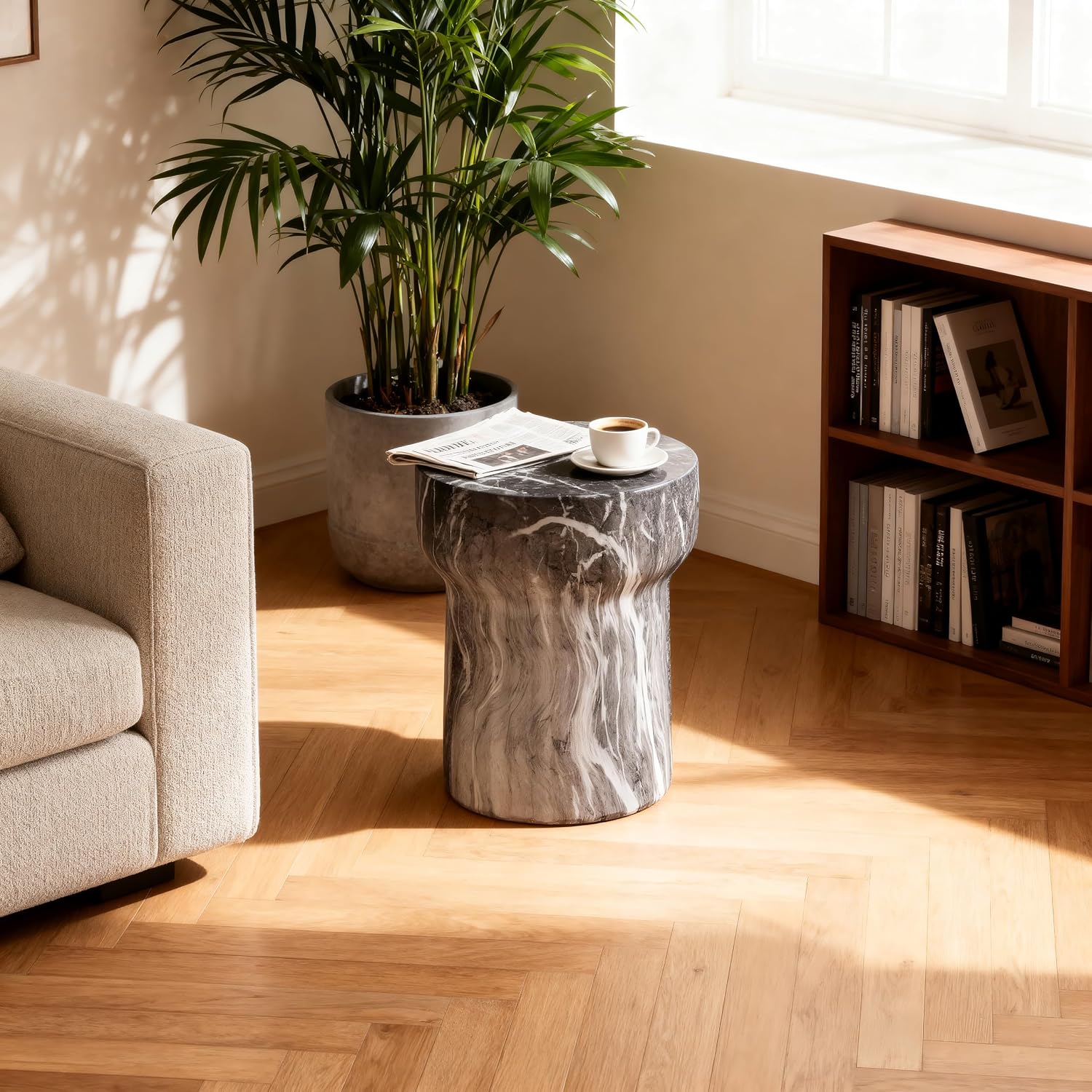 16" Weatherproof Side Table, End Table with Modern Geometry, Accent Table with Faux Terrazzo for Patio and Indoor Spaces, Marble