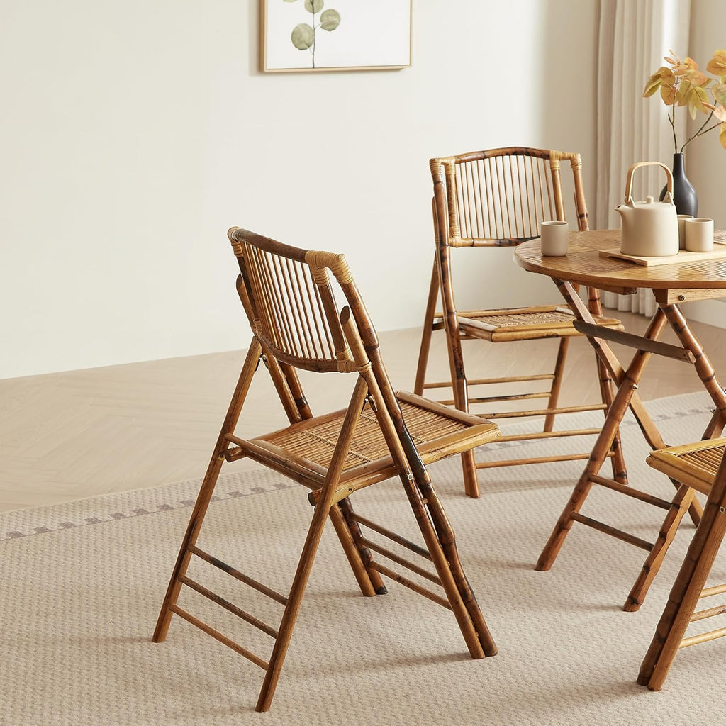 Vintage Bamboo Rattan Folding Dinging Chair - Portable Lightweight Retro Seat for Indoor, Outdoor, Patio, Wedding, Office, and Events (2, Brown, Oversized)