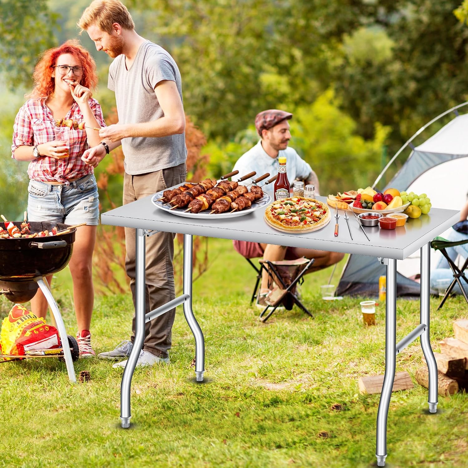 Garvee Folding Stainless Steel Table, 48x24 in, 400 LB Capacity, Heavy Duty Metal Foldable Prep/Work Table, No Assembly, Portable Workbench for Kitchen Laundry Restaurant Camping Garage