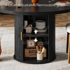 47" Round Dining Table for 6 with Storage (Table Only), Sleek Black Wood Grain, Modern Fluted Ribbed Pedestal, Hidden Cabinet & Lazy Susan, Minimalist Design