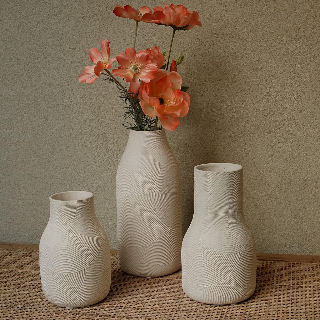 Ceramic Vases for Home Decor - Matte White Textured Vase Set of 3, Decorative Vases for Flowers, Pampas Grass Arrangement, Table Centerpieces, Office and Living Room Boho Decor