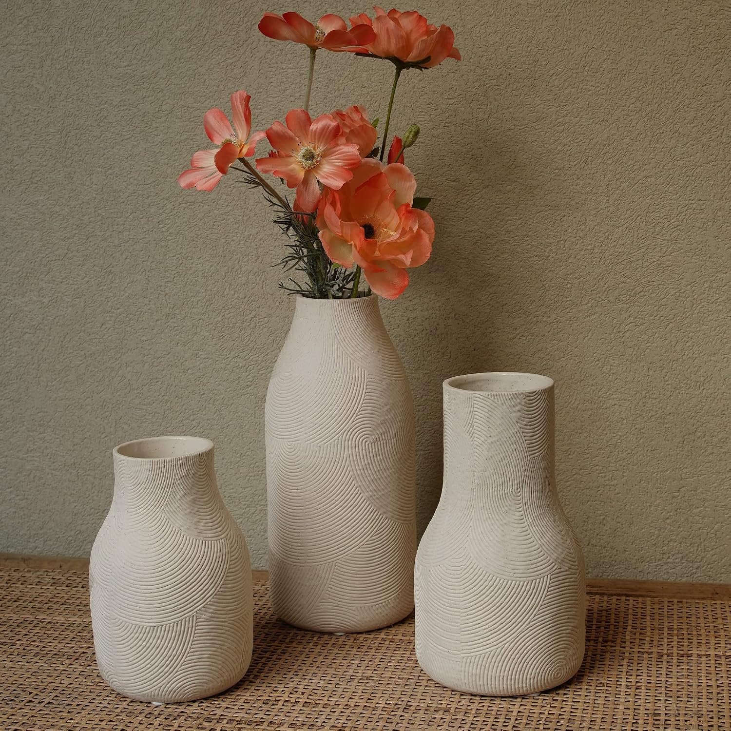 Ceramic Vases for Home Decor - Matte White Textured Vase Set of 3, Decorative Vases for Flowers, Pampas Grass Arrangement, Table Centerpieces, Office and Living Room Boho Decor
