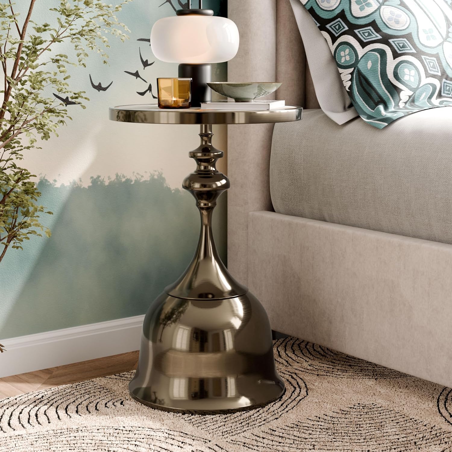 Homes: Inside + Out Halric Modern 24" Tall Round End Table with Decorated Tabletop and Iron Metal Base, Accent Furniture, Elegant Pedestal Stand for Living Room, Home Office, Antique Brass