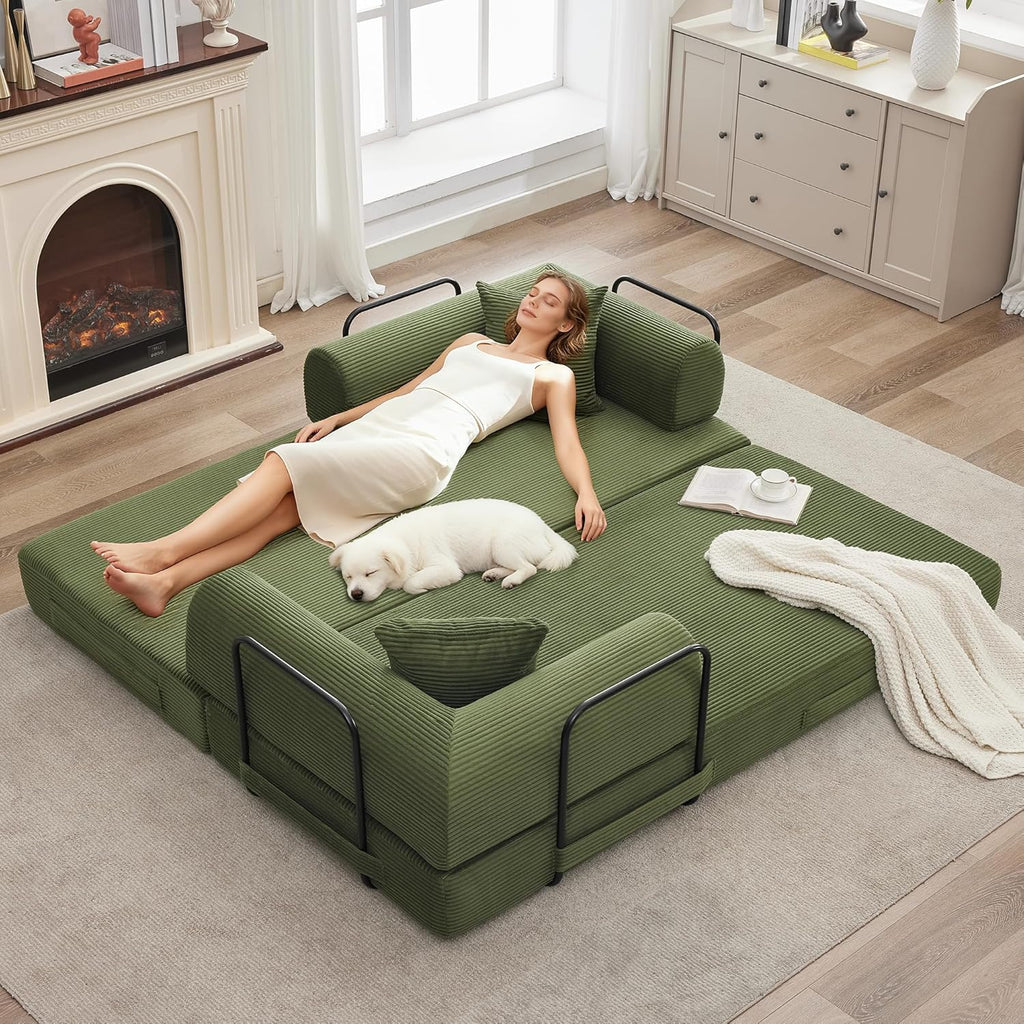 GarveeHome 79" Convertible Sleeper Sofa Bed Couch, 4-in-1 Boneless Corduroy Folding Sofa Bed with Pillow & Fixed-Shape, Floor Mattress Couch Loveseat for Living Room Apartments - No Assembly, Green