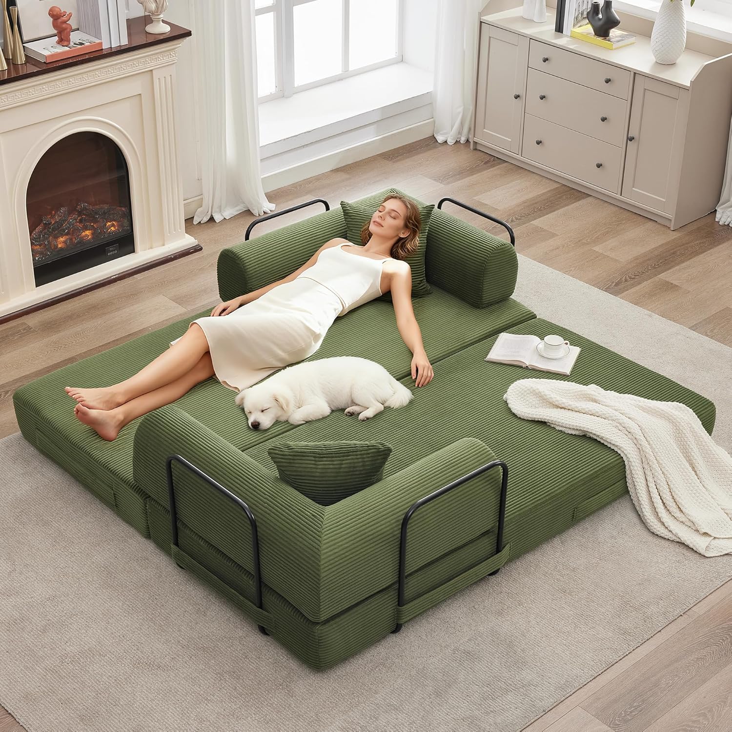 GarveeHome 79" Convertible Sleeper Sofa Bed Couch, 4-in-1 Boneless Corduroy Folding Sofa Bed with Pillow & Fixed-Shape, Floor Mattress Couch Loveseat for Living Room Apartments - No Assembly, Green