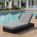 Outdoor Chaise Lounge Chair, Black Woven Rope Patio Recliner with 5-Position Adjustable Backrest, Pool Sunbathing Lounge Chair with Gray Removable Cushions for Poolside, Beach