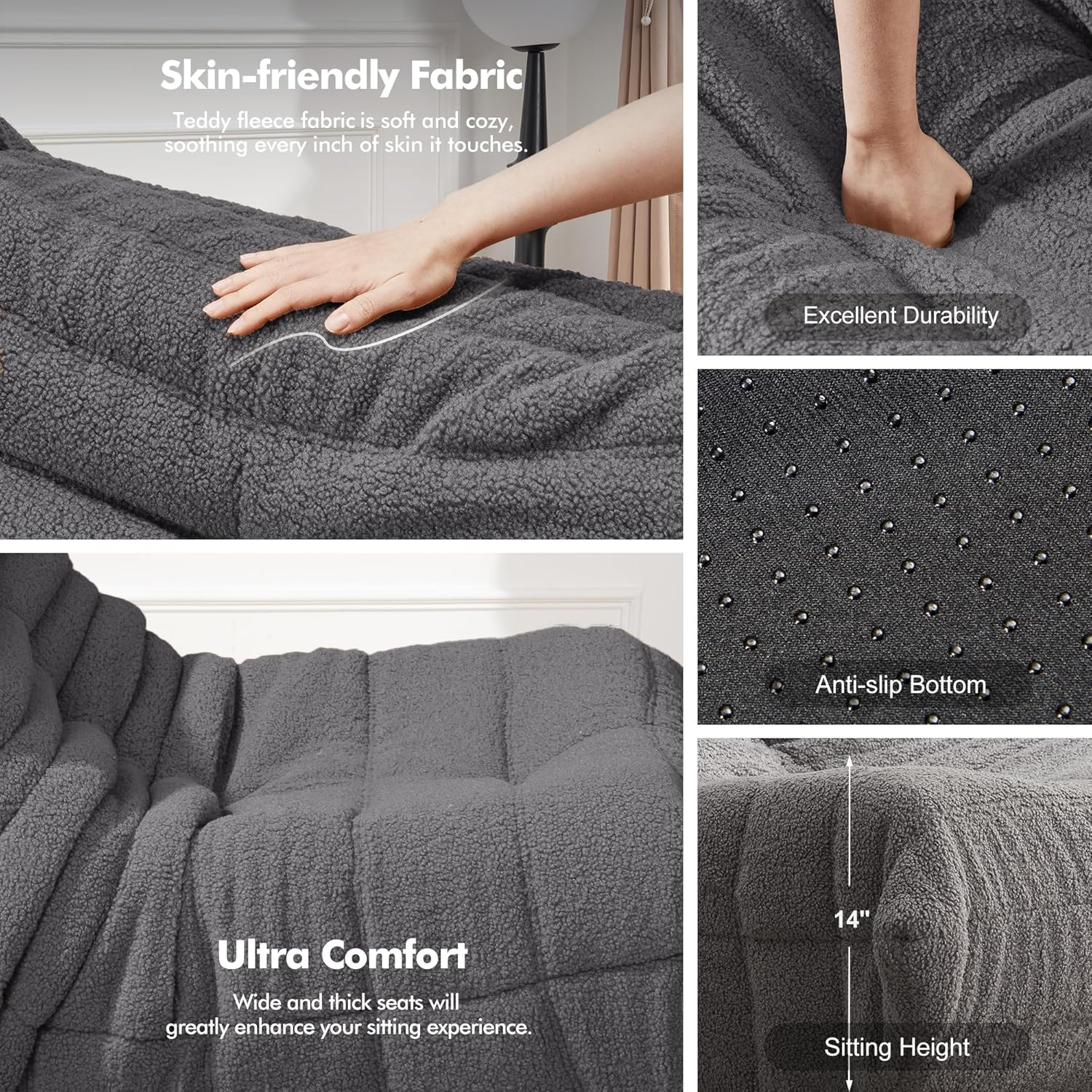 Bean Bag Chair Big Sofa Beanbag Chair for Adults Fireside Chair Bean Bag Lounger with Memory Foam Filled for Home,Apartment or Gaming Venue (Darkgrey Teddy)