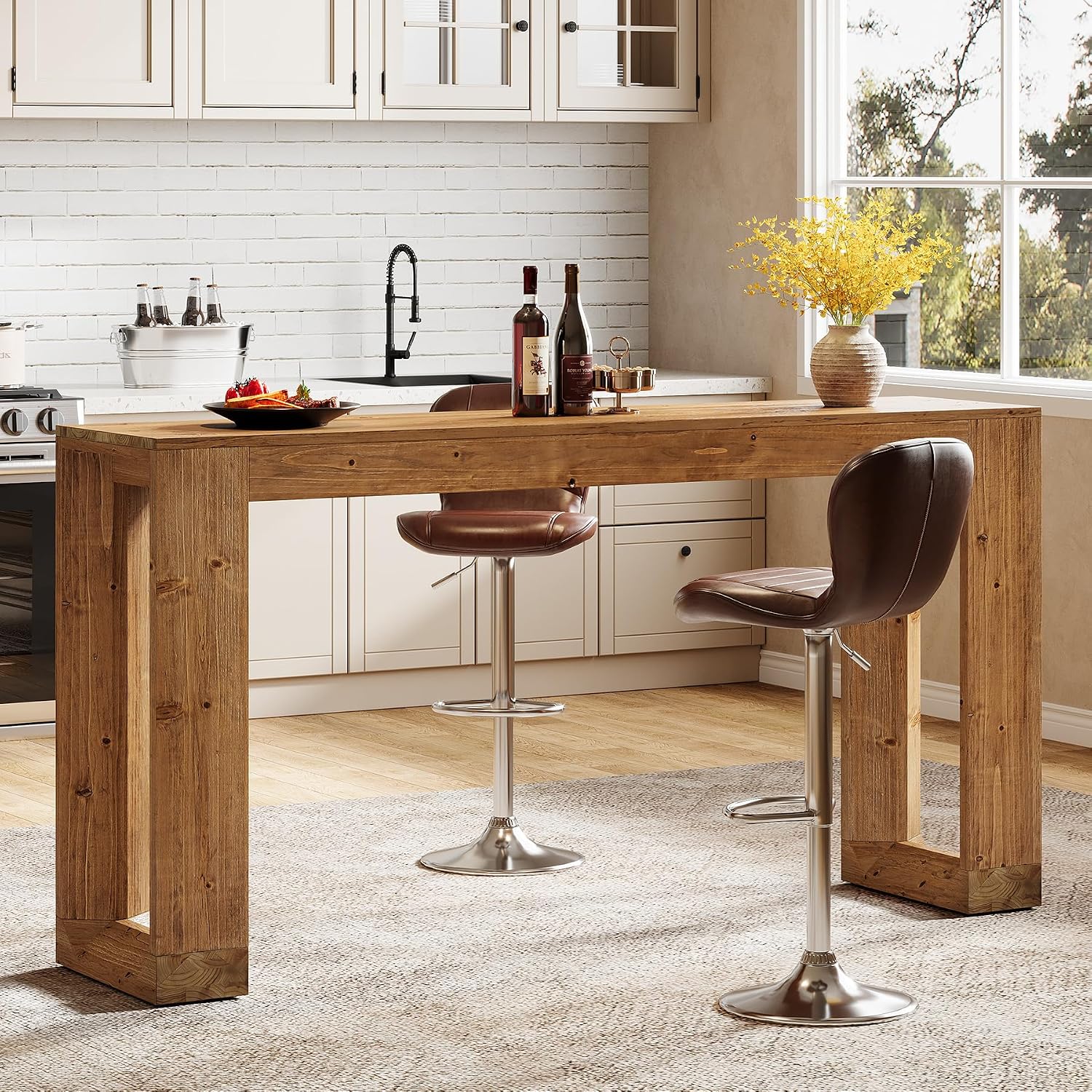 63-Inch Solid Wood Bar Table, Narrow Long Counter Height Pub Dining Table, Farmhouse Rectangular Home Coffee Bar Units for Kitchen, Dining Room, Living Room, Bistro, Brown
