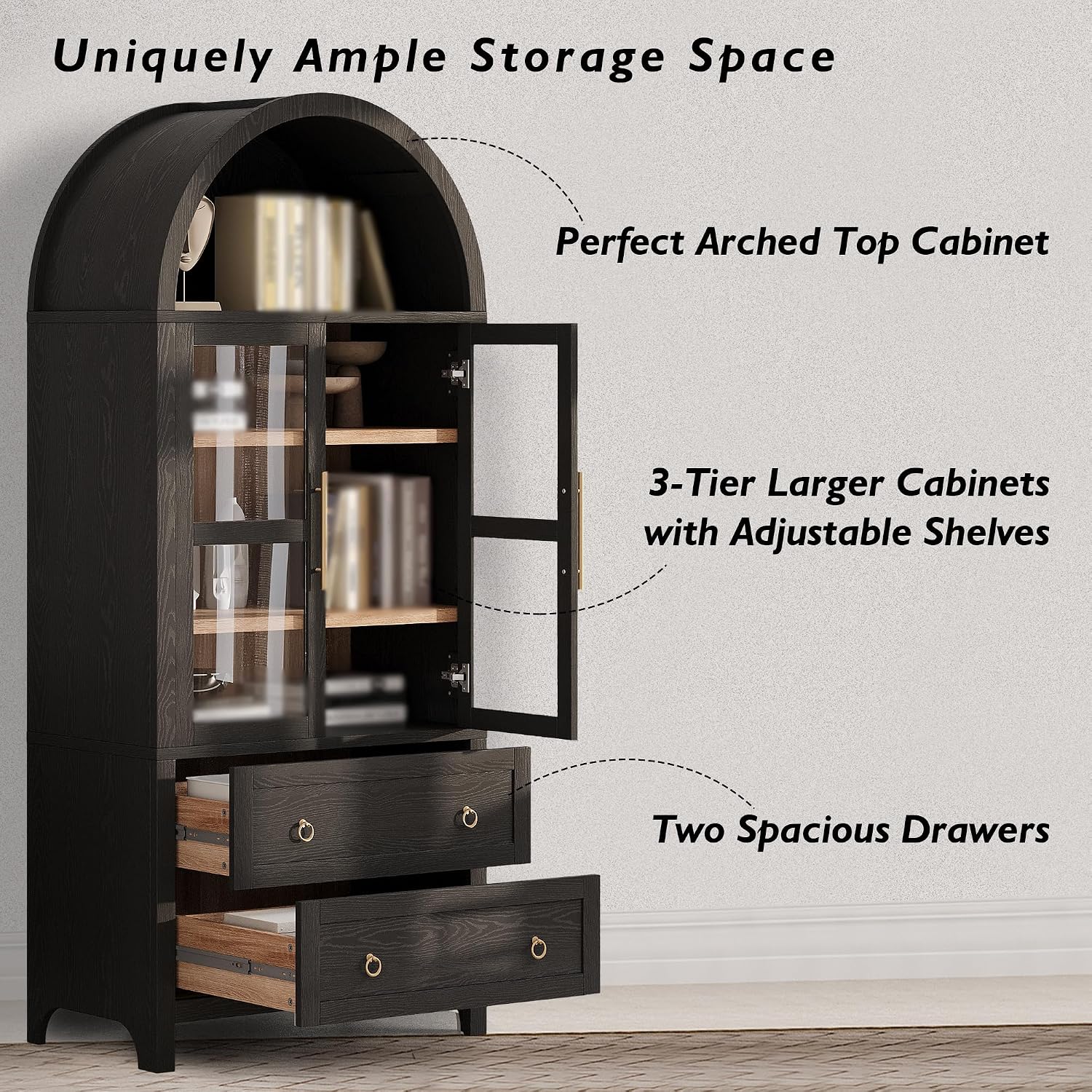 Arched Kitchen Pantry Cabinet, Modern Farmhouse Kitchen Tall Storage Cabinet with Drawers, Adjustable Shelves and Glass Door, Versatile Wooden Cupboard for Dining Room, 71"H x 30"W x 15.75"D, Black