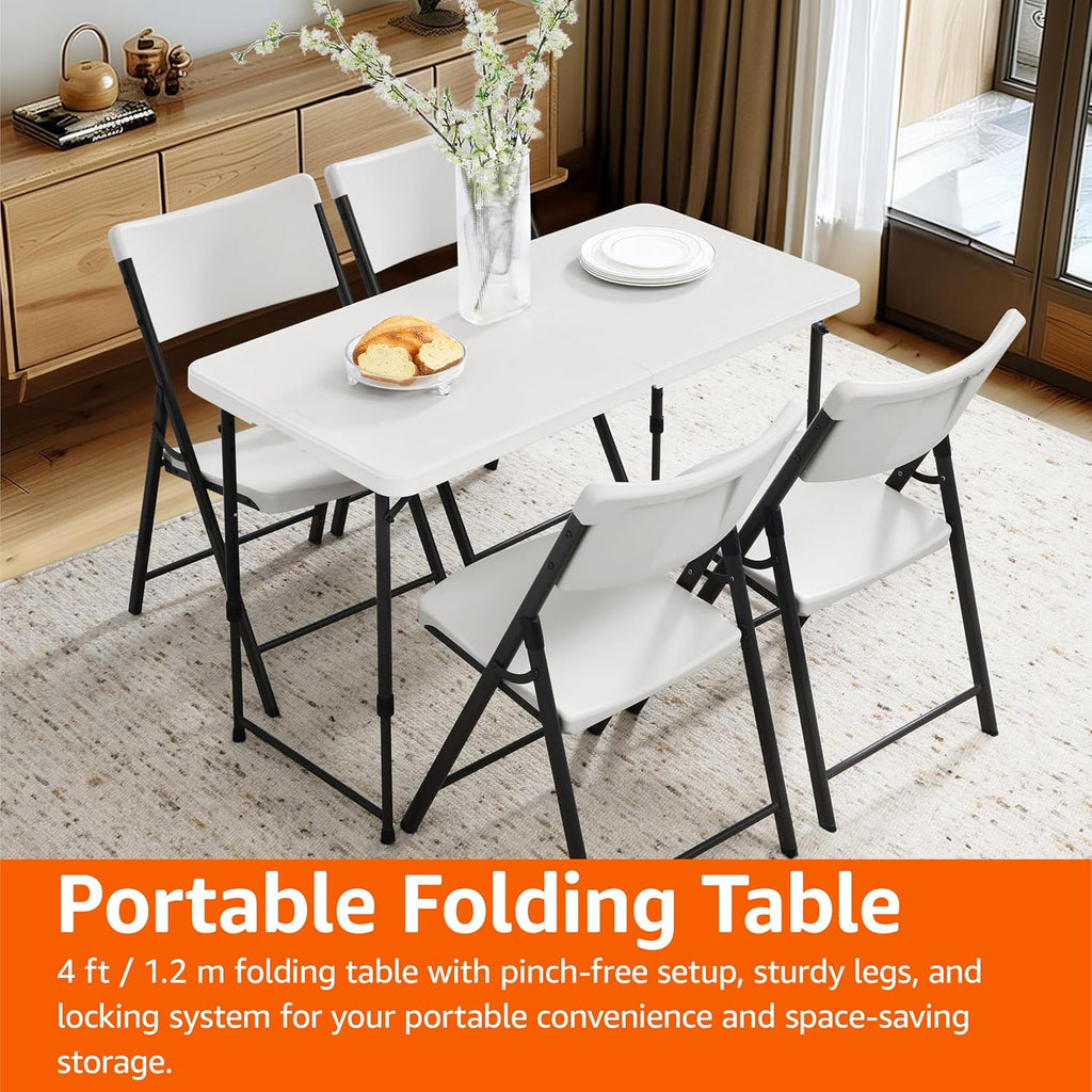Amazon Basics Portable 4 Foot Rectangular Folding Dining Table, 4 Adjustable Height Settings, Carrying Handle, Indoor & Outdoor, Sturdy for Events, White, 47.8 x 23.9 x 33.9 in