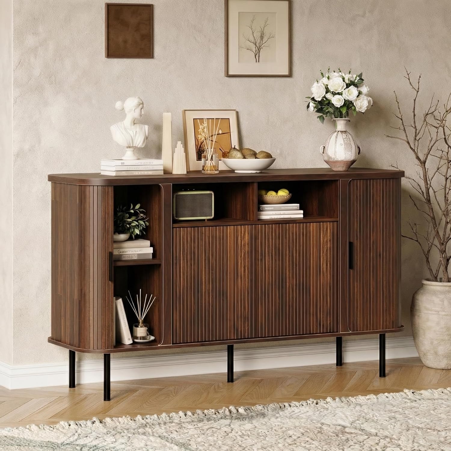 55'' Fluted Cabinet with Storage, Walnut Buffet Cabinet Sideboard with Sliding Door & Adjustable Shelves, Mid Century Coffee Bar, Curved Edge Design Storage Cabinet for Kitchen, Living Room, Entry