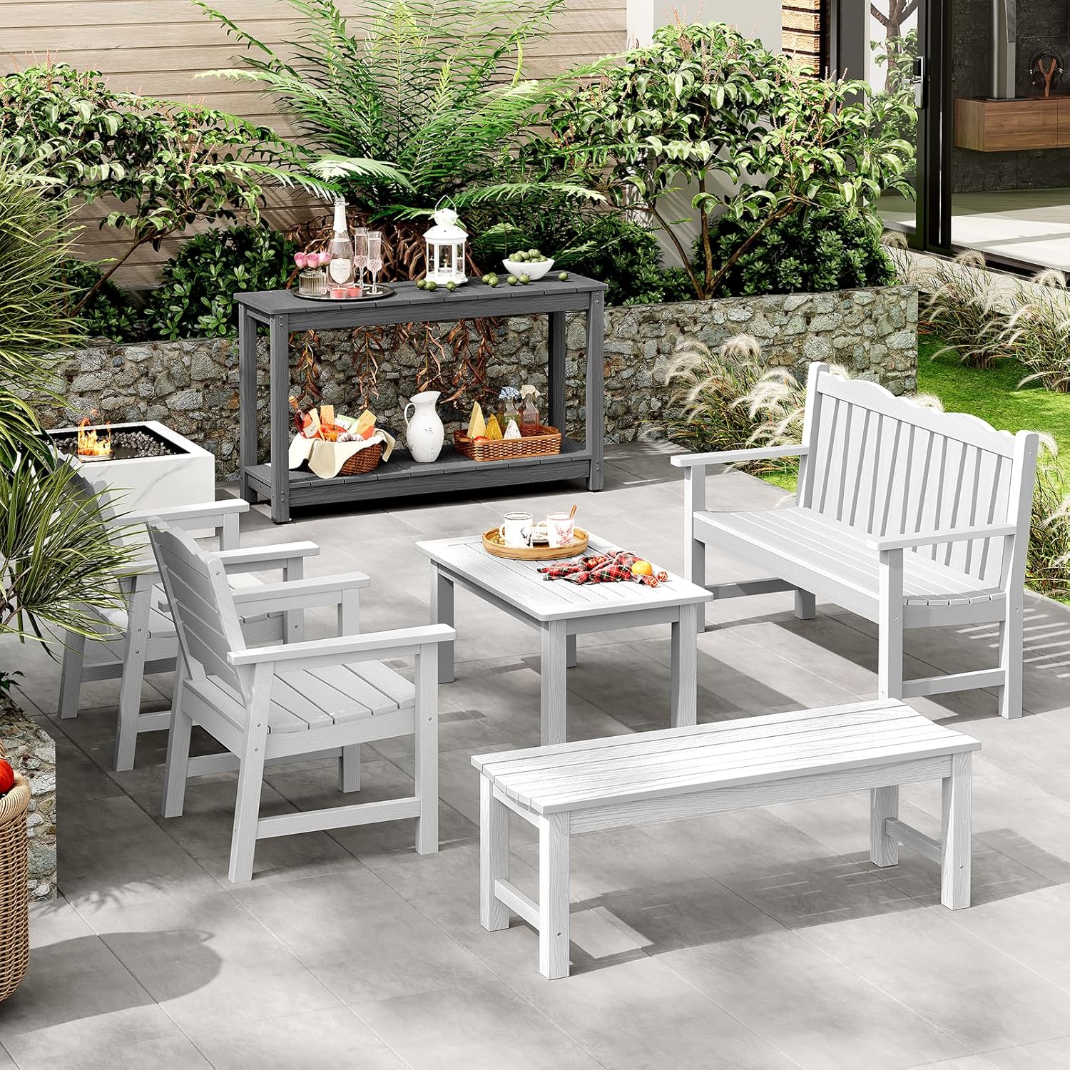 Outdoor Console Table, 48" Weather Resistant HIPS Patio Side Table, 440LBS Weight Capacity, 2-Tier Multifunctional Buffet Bar Storage Organizer for Garden Deck, Gray