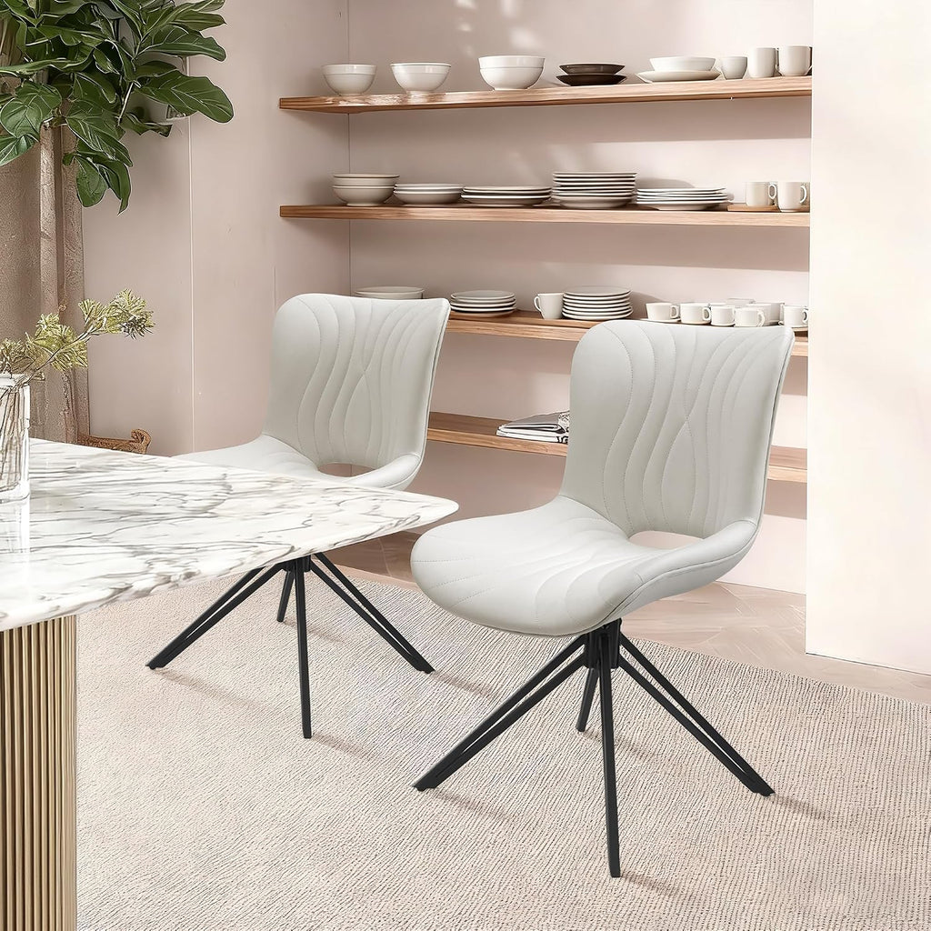 Dining Chairs Set of 2, 360° Swivel Armless Faux Leather Accent Chairs with Padded Back and Metal Legs, Mid-Century Modern Kitchen, Dining Room, Living Room, Bedroom White