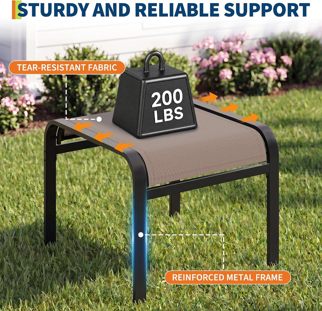 Outdoor Ottoman Set of 2, Outdoor Foot Stool with Textliene Fabric, Metal Frame, Stackable Oversized Foot Rest for Patio Garden Pool, Light Brown