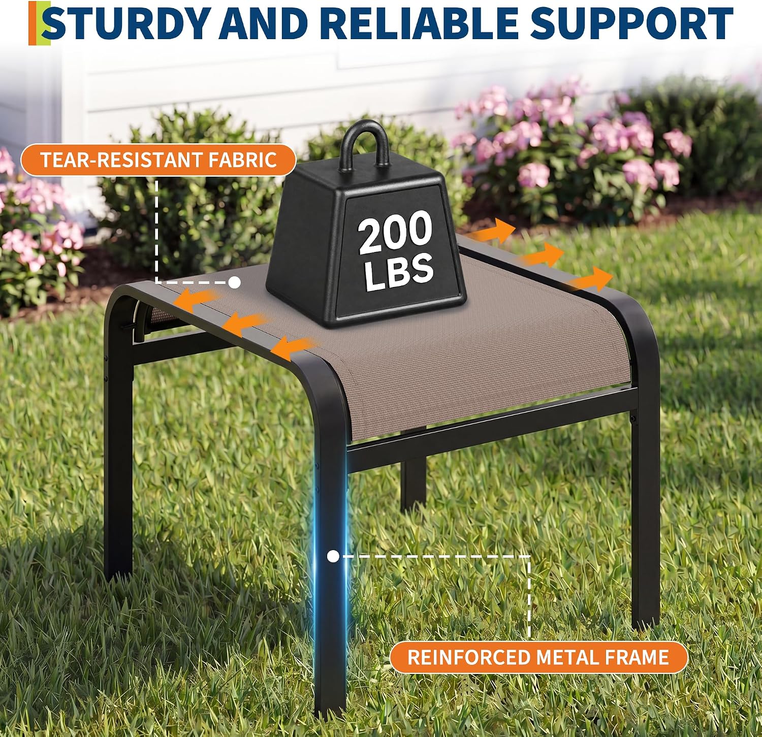 Outdoor Ottoman Set of 2, Outdoor Foot Stool with Textliene Fabric, Metal Frame, Stackable Oversized Foot Rest for Patio Garden Pool, Light Brown