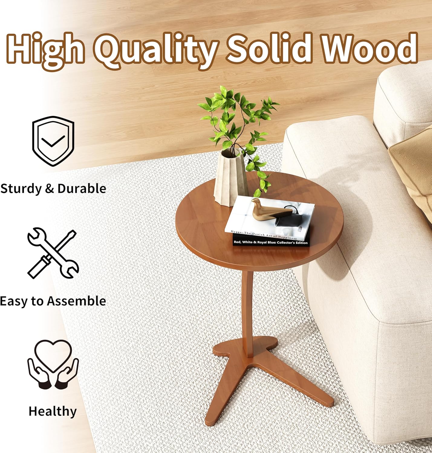 C Shaped End Table, Small Round Side Table for Couch, Slide Under Sofa Tray Desk for Living Room Bedroom, Solid Wood TV Tray Table for Narrow Space (15” Chestnut)