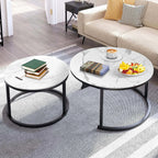 Nesting Coffee Tables Set of 2, 31.5" Round Coffee Table for Living Room, Marble Pattern Wooden Tabletop Black Sturdy Metal Frame Tables, Modern Bedroom Simple Nightstand Balcony Yard