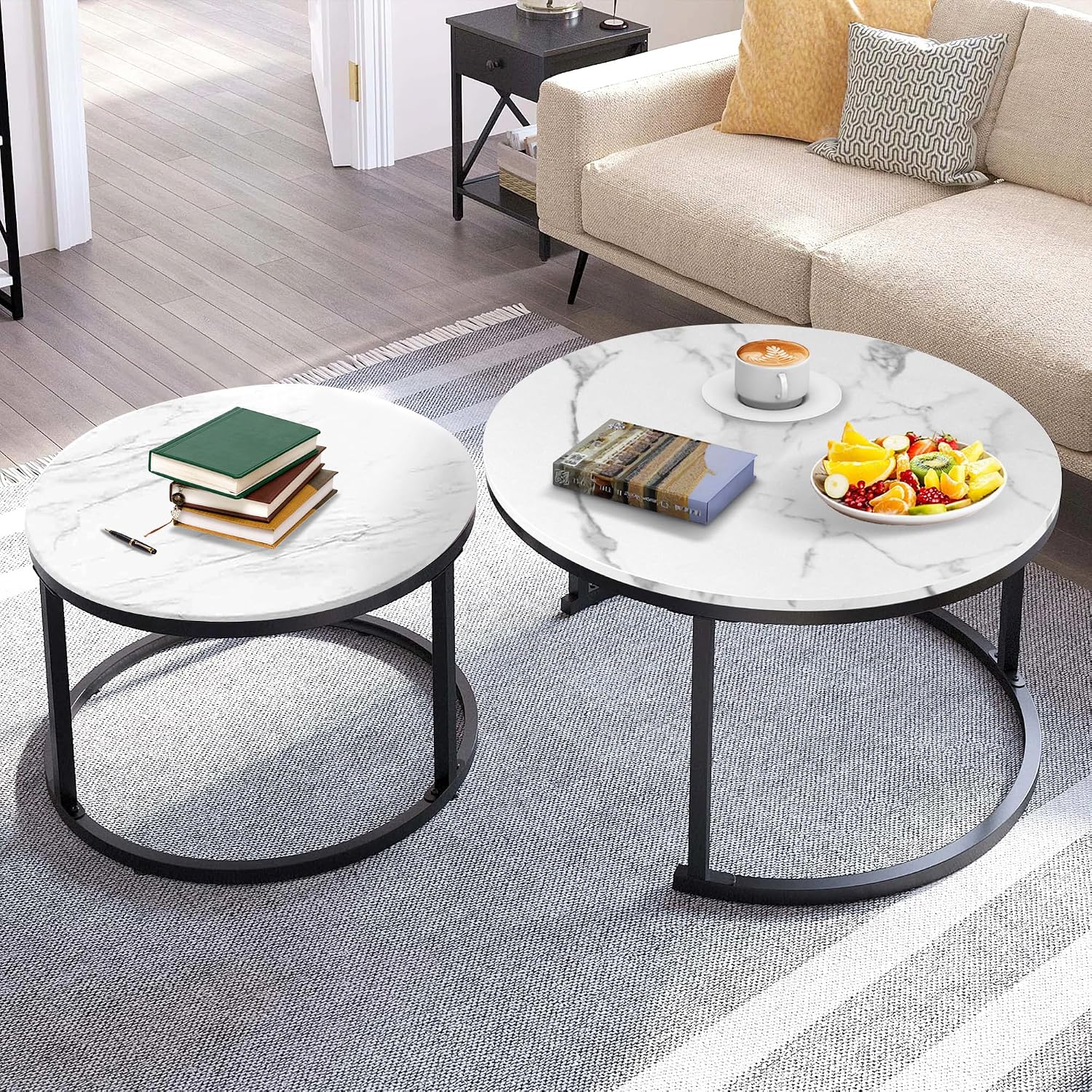 Nesting Coffee Tables Set of 2, 31.5" Round Coffee Table for Living Room, Marble Pattern Wooden Tabletop Black Sturdy Metal Frame Tables, Modern Bedroom Simple Nightstand Balcony Yard