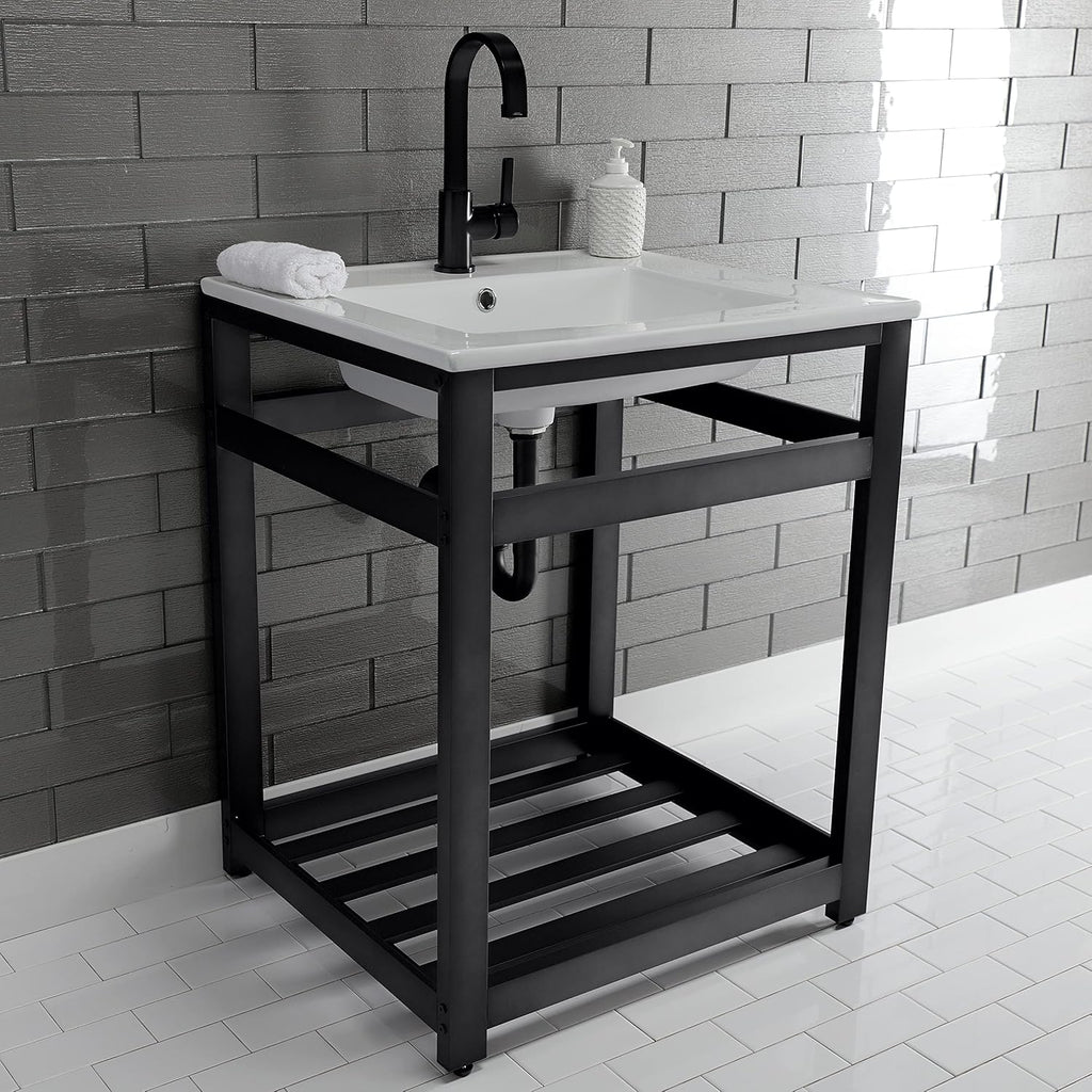 Kingston Brass VWP2522A0 Quadras 25-Inch Ceramic Console Sink (1-Hole), White/Matte Black