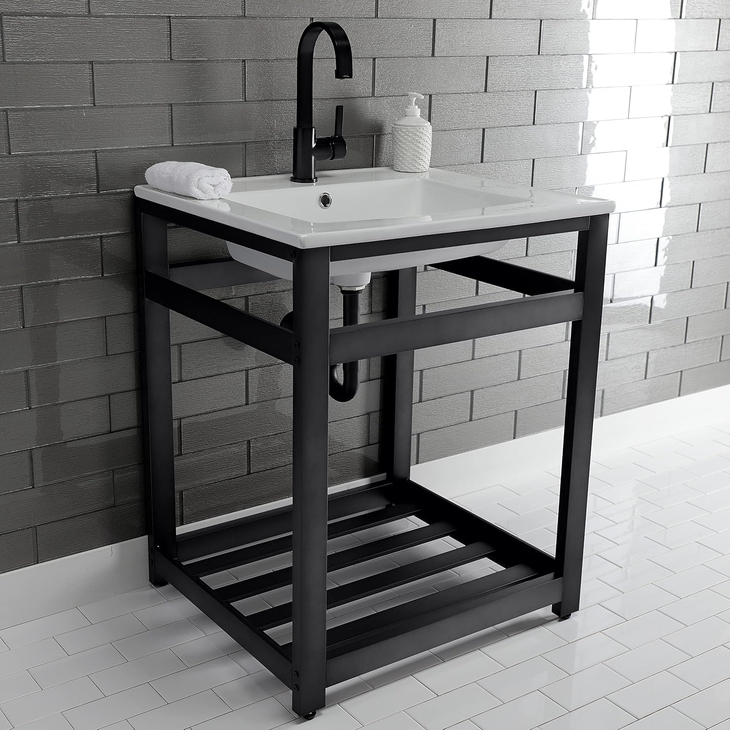 Kingston Brass VWP2522A0 Quadras 25-Inch Ceramic Console Sink (1-Hole), White/Matte Black