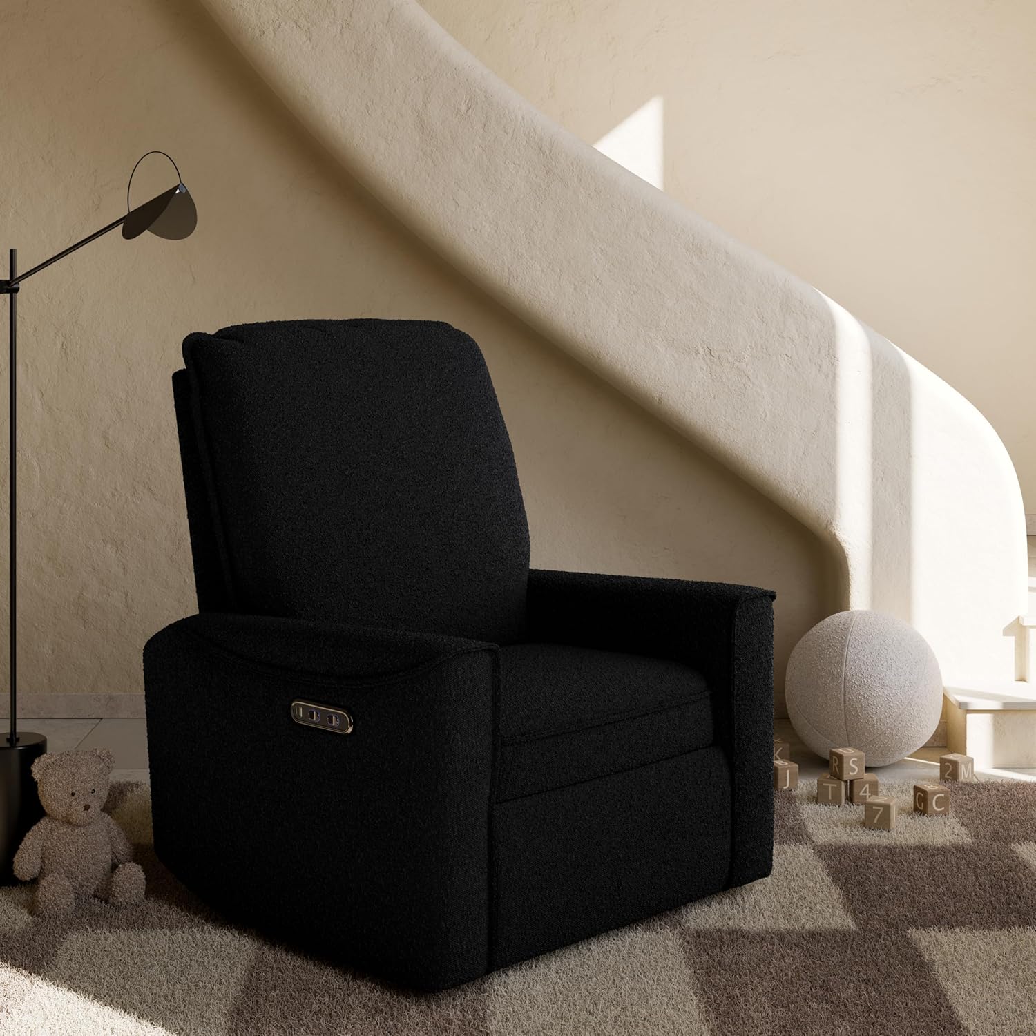 Storkcraft Santos Deluxe Power Recliner Swivel Glider, Premium Electronic Nursery Rocking Chair, Oeko-TEX 100 Certified, Includes Dual-USB Charging Port with USB-A & USB-C – (Black Boucle)