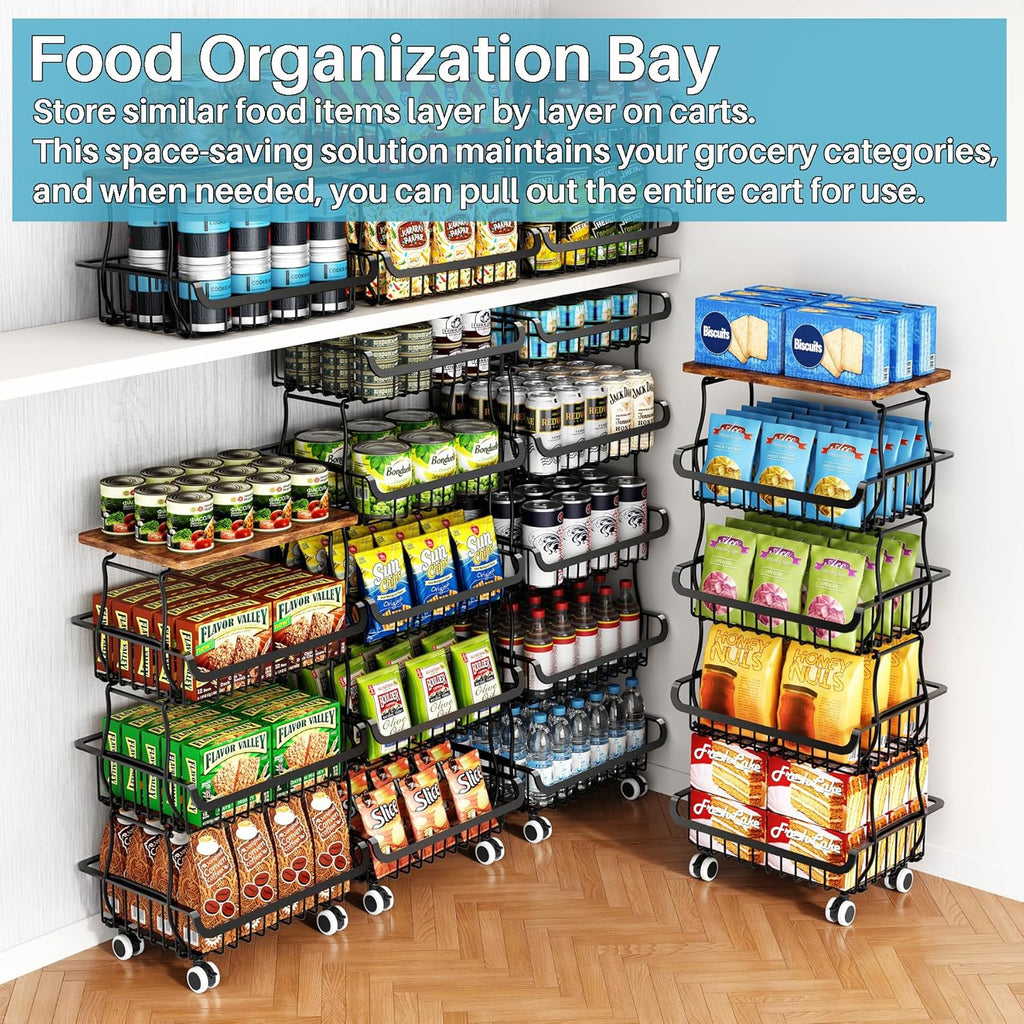 4 Tier Vegetable Fruit Basket for Kitchen, Stackable Metal Fruit and Vegetable Storage Baskets with Rolling Wheels Cart, Fruteros Para Cocina Potato and Onion Bin Pantry Kitchen Island Cart Counter