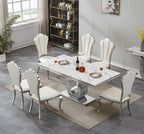 Faux Marble Dining Table for 4 to 6, 68 inch Luxury Dining Room Table with White Faux Marble Top & Silver Stainless Steel U Base, Modern Rectangle Dinner Table for Kitchen Living Dining Room Apartment