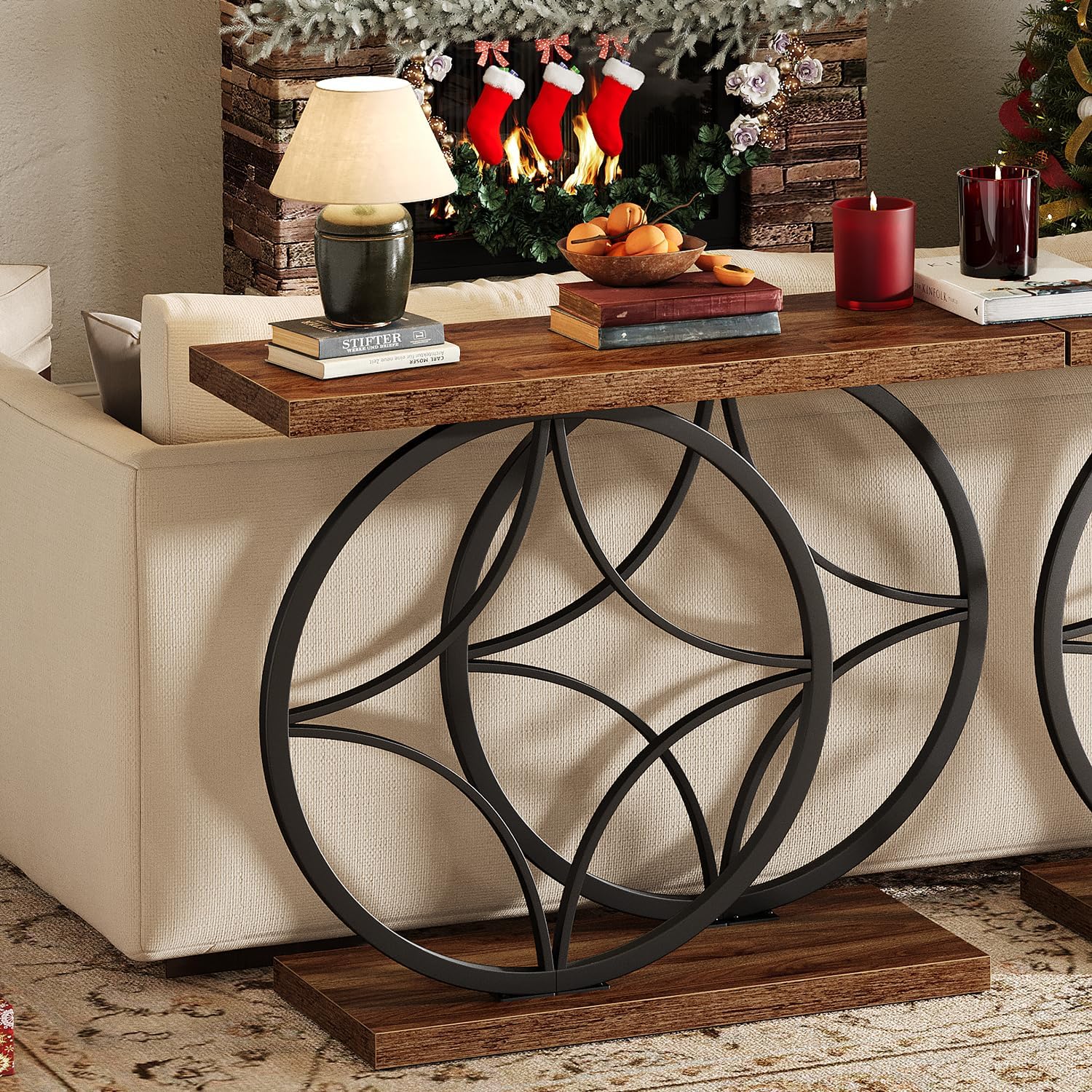 knoworld 39.4" Console Table, Industrial Entryway Table with Anti-Tilt Design, Narrow Wood Accent Sofa Table Behind Couch with Double Circle Base for Entryway, Living Room, Hallway, Foyer