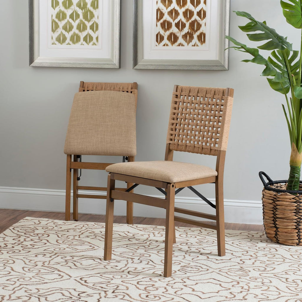 Linon Bennett Natural Folding Chair with Woven Rope Back and Linen Upholstered Seat Set of 2