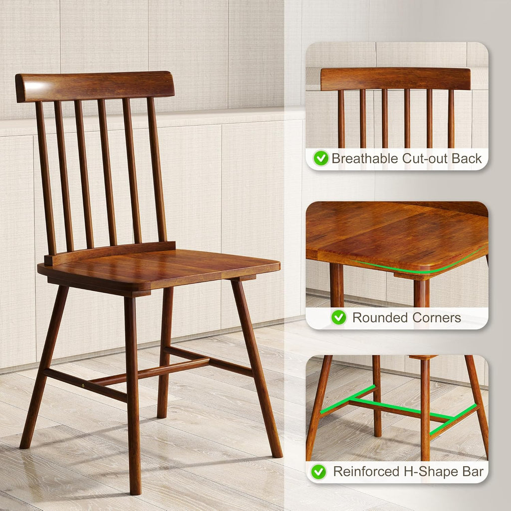 HOMCOM Windsor Dining Chairs Set of 4, Farmhouse Wooden Kitchen Chairs with Rubber Wood Frame and Spindle Backrest for Dining & Living Room, Light Brown