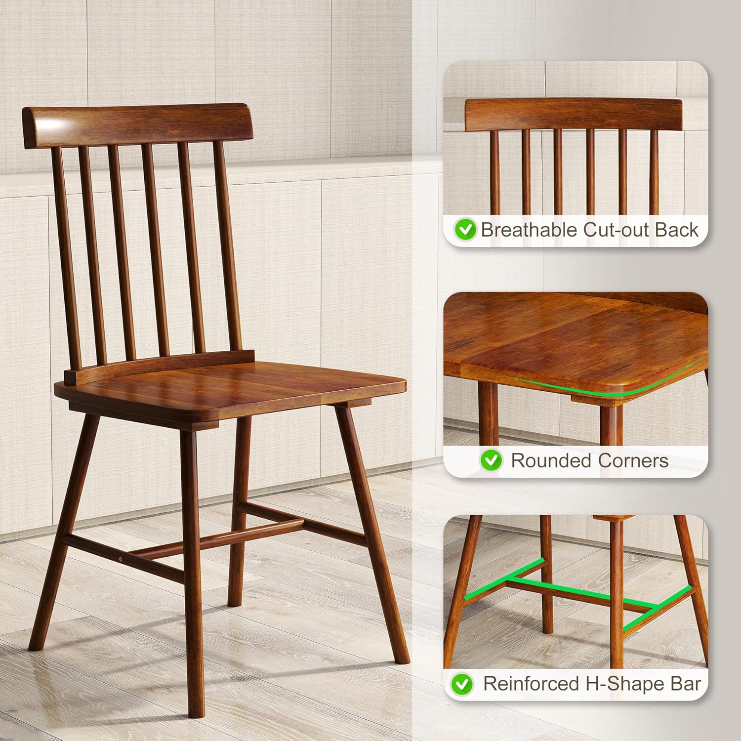 HOMCOM Windsor Dining Chairs Set of 4, Farmhouse Wooden Kitchen Chairs with Rubber Wood Frame and Spindle Backrest for Dining & Living Room, Light Brown