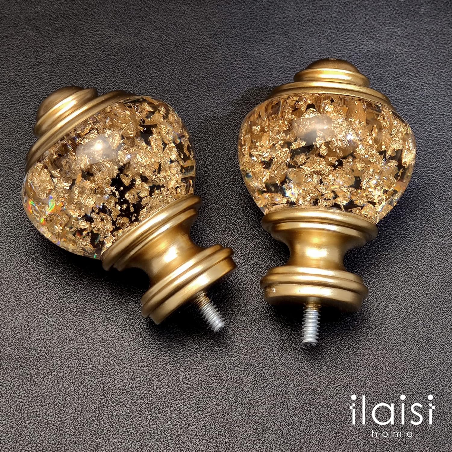 Decorative Curtain Rod Finials, Polyresin Round Gold Foiled Clear Finials, Set of 2, Compatible with 1 inch or 1-1/8 inch Dia Curtain Rod, Standalone Finial Pair