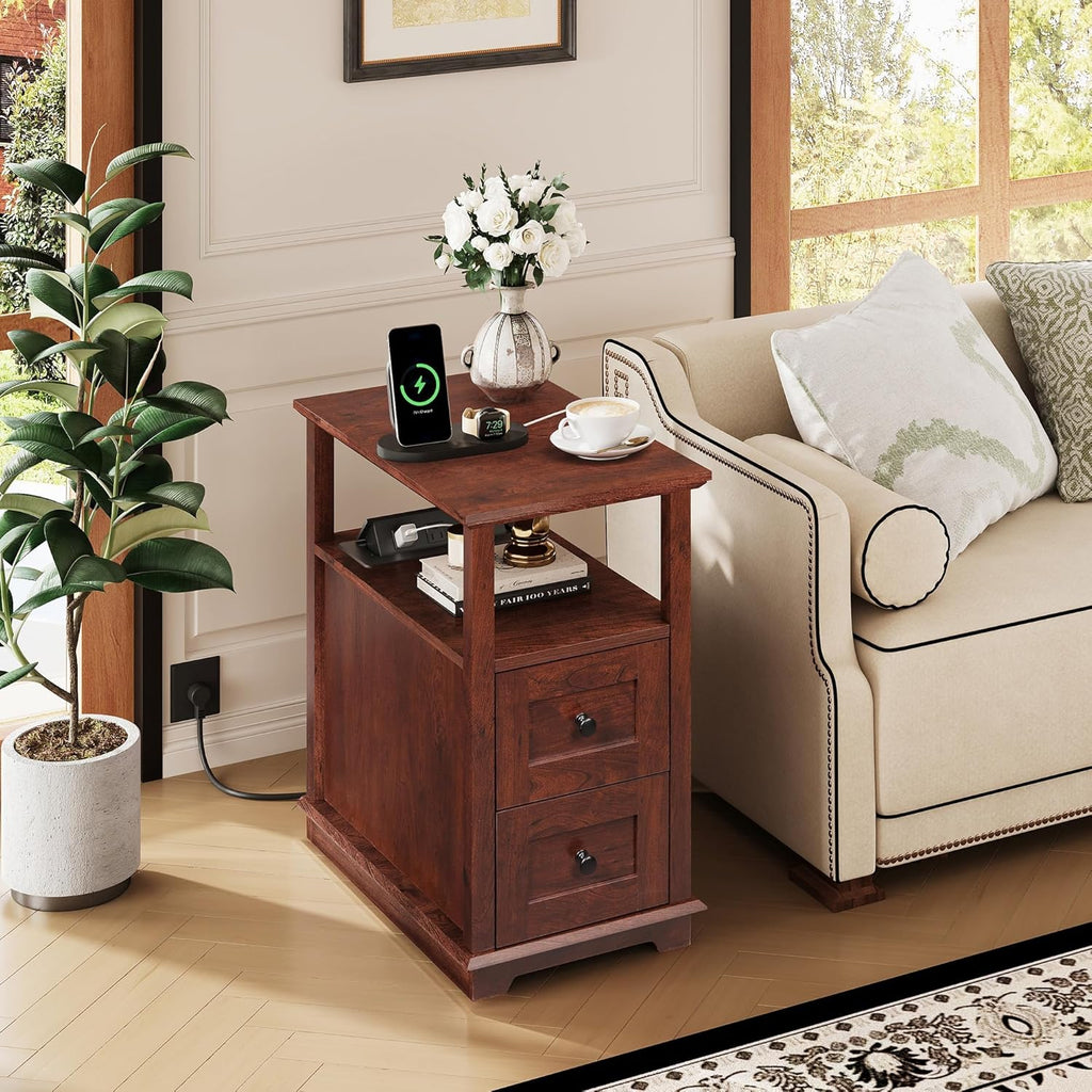 WLIVE End Table with Charging Station, Narrow Side Table for Living Room, Farmhouse Nightstand with Storage, Small Wooden Cabinet with USB Ports and Outlets for Living Room and Bedroom, Cherry
