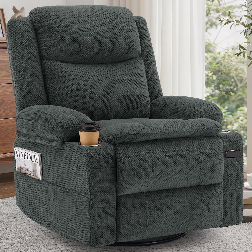 Korser Recliner Chair, 360° Swivel Rocker Recliner for Adults, Rocking Recliners with Massage & Heat, Nursery Rocking Chairs with Cup Holders, Manual Reclining Glider for Living Room, Nursery, Gray