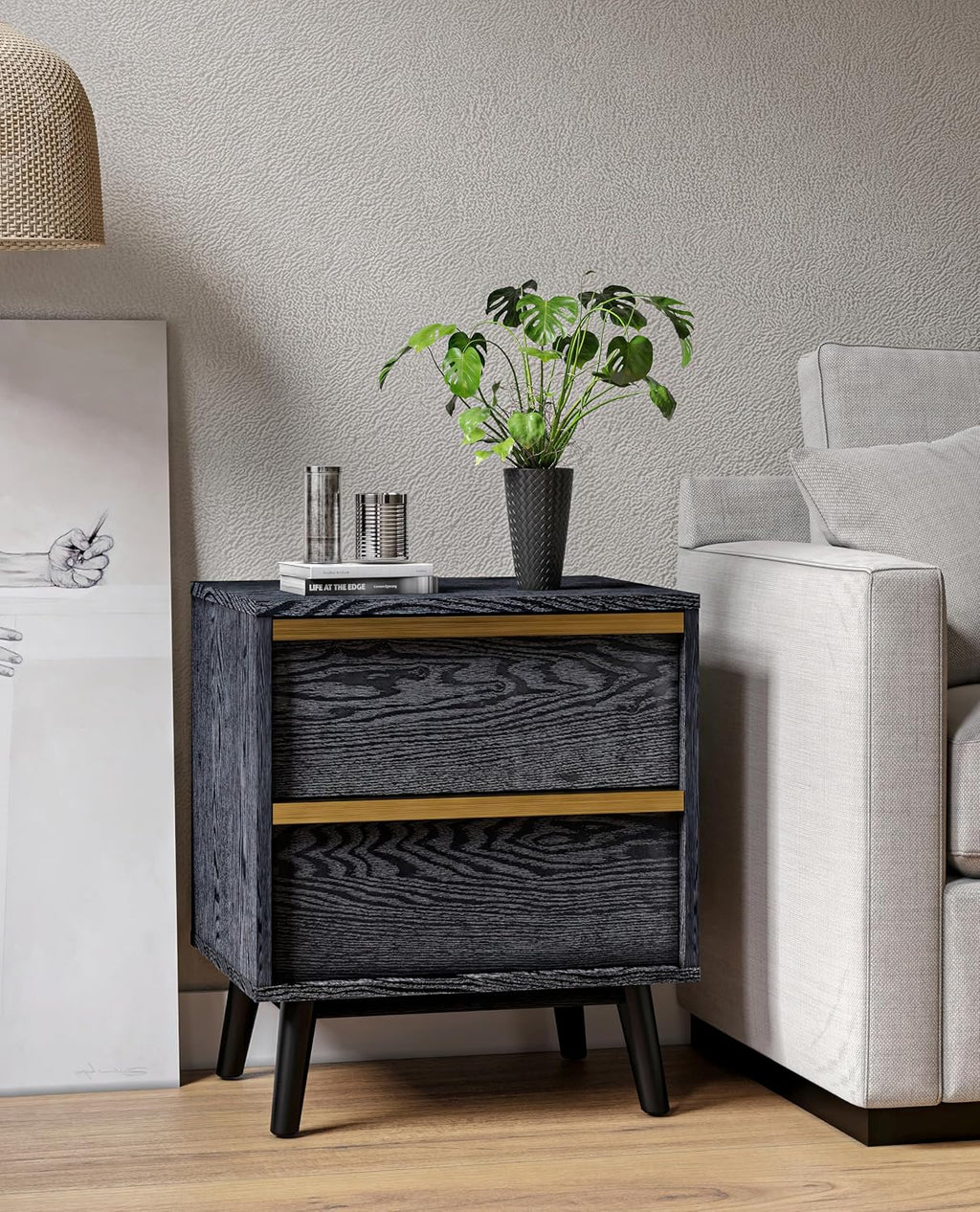 SANGO Cortland 2-Drawer Nightstand, Modern Black Wood Bedside Table with Brass Handle, Wooden Legs, Sleek Mid-Century Design, Elegant Storage for Contemporary Homes